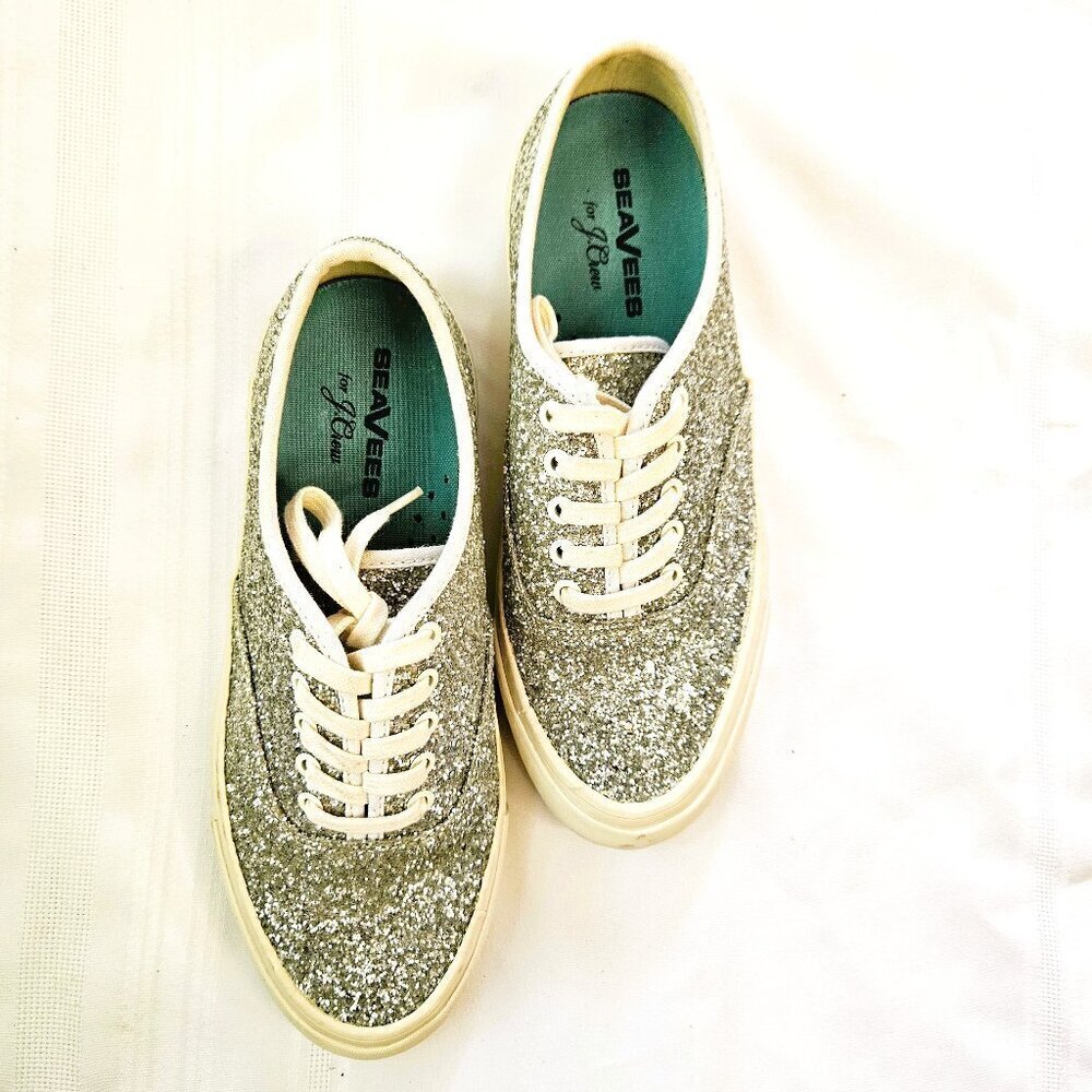 SeaVees-J Crew Silver Glitter Low Top Legend Sneaker Women Shoes Size 8